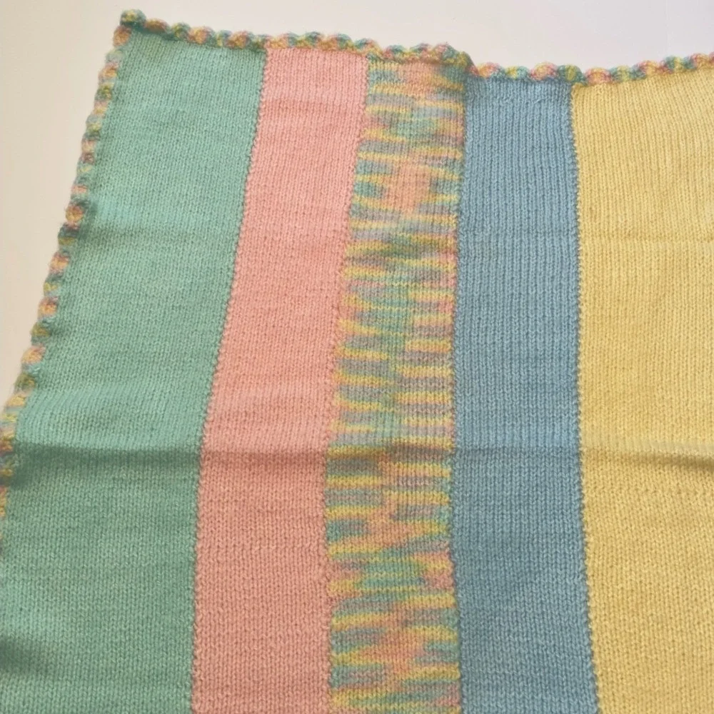 Handmade Knit Baby Blanket Pastel Stripe Scallop Crochet Edge Multi Color 30X38